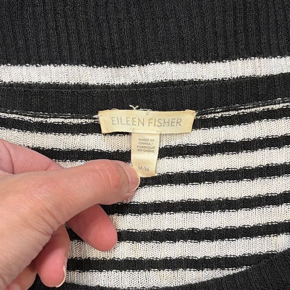 Eileen Fisher Organic Linen Striped Boxy Sweater Top M Black White Round Neck Ov - Picture 5 of 6